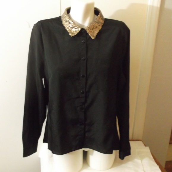 It's Pink Tops - It's Pink Sequin Collar Black Blouse XL Hi Lo Hem